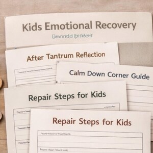 Könnte beinhalten: Eine Sammlung von gedruckten Arbeitsblättern zur emotionalen Genesung von Kindern, darunter Titel wie "Kids Emotional Recovery", "After Tantrum Reflection" und "Repair Steps for Kids". Ein Bleistift liegt auf einer Holzoberfläche.