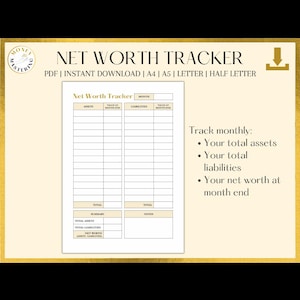Könnte beinhalten: Ein digitaler Nettovermögenstracker mit goldenem Rand. Das Dokument enthält Abschnitte für Vermögenswerte, Verbindlichkeiten und eine Zusammenfassung. Der Text auf dem Dokument lautet "Net Worth Tracker" und "Monatlich verfolgen: Ihre Gesamtvermögenswerte, Verbindlichkeiten und Ihr Nettovermögen am Monatsende."