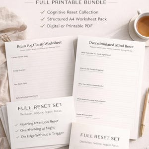 Könnte beinhalten: Ein druckbares Bundle für das Management von mentaler Überforderung am Tag, mit Arbeitsblättern für kognitives Reset und Brain Fog Clarity. Enthält ein "Full Reset Set" zum Entrümpeln und zur Fokussierung. Erhältlich als digitale oder druckbare A4 PDF.