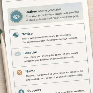 Könnte beinhalten: Ein weißes Papier mit dem Titel "Grounding Check-In - Acute Reset" mit Text und Symbolen. Ein Stift liegt auf dem Papier. Der Text enthält Aufforderungen zur Selbstreflexion: Notice, Breathe, Name und Support.