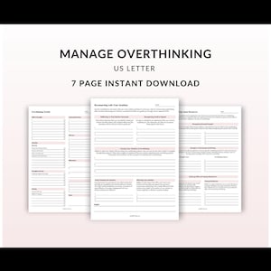 Könnte beinhalten: Ein druckbarer Planer mit dem Titel "Manage Overthinking" im US Letter-Format. Das Bild zeigt drei offene Seiten mit Aufforderungen zur Selbstreflexion und zum Umgang mit Gedanken. Der Text enthält "7 Seiten Sofort-Download."