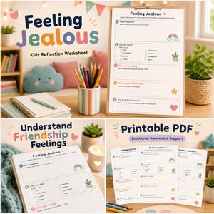 Könnte beinhalten: Ein ausdruckbares Reflexionsarbeitsblatt für Kinder mit dem Titel Feeling Jealous, das Abschnitte zum Beschreiben von Ereignissen, Identifizieren von Gefühlen und Notieren von Gedanken enthält. Es zeigt Symbole wie Regenbogen, Pflanze, Stern und Herz.