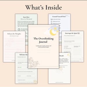 Könnte beinhalten: Ein Journal mit dem Titel "The Overthinking Journal" mit einem hellbeigen Einband und floralen Akzenten. Die Seiten des Journals enthalten Aufforderungen zur Selbstreflexion und zum Umgang mit Gedanken. Das Bild zeigt auch Seiten mit dem Text "What's Inside".