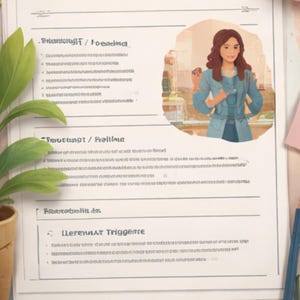 May include: A stack of papers with the title "Why Do I Feel Uncomfortable Being Seen". The image includes a drawing of a woman, text, a pair of glasses, sticky notes, and a pencil. A small potted plant is also visible.