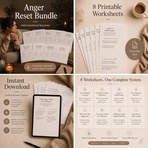 Könnte beinhalten: Ein Bild, das ein "Anger Reset Bundle" mit "8 Printable Worksheets" und "Instant Download" bewirbt. Das Bild enthält ein Tablet, Arbeitsblätter und eine Kaffeetasse. Das Bundle konzentriert sich auf emotionale Reaktionen.