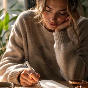May include: A person writing in a notebook with a pen, wearing a beige jumper. A mug of coffee and a lit candle are on the wooden table. The scene is illuminated by natural light.