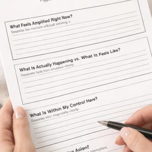 Puede incluir: Una hoja de trabajo blanca titulada "EVERYTHING FEELS INTENSIFIED" con el subtítulo "Hyper-Awareness Workshete". La hoja de trabajo tiene indicaciones para la autorreflexión, incluyendo "What Feels Amplified Right Now?" y "What Is Within My Control Here?". Un bolígrafo negro se sostiene sobre el papel.