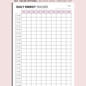 Könnte beinhalten: Ein druckbarer PDF-Energielevel-Tracker mit einem rosa Header und einem weißen Raster zur täglichen Verfolgung. Der Text "ENERGY LEVEL TRACKER" wird prominent angezeigt. Enthält Zeitfenster von 5 Uhr bis 12 Uhr und Prozentsätze von 10% bis 100%.