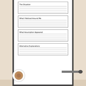 May include: A white graphic titled "Feeling Judged in Public" with sections for notes: "The Situation," "What I Noticed Around Me," "What Assumption Appeared," and "Alternative Explanations." A coffee cup is in the lower left corner.