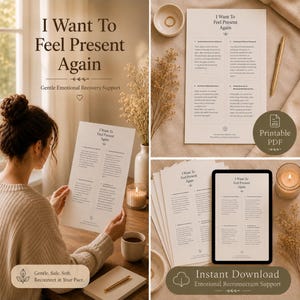 Könnte beinhalten: Eine Sammlung druckbarer PDF-Dokumente und digitaler Downloads mit dem Titel "I Want To Feel Present Again". Die Dokumente bieten sanfte emotionale Unterstützung. Das Bild zeigt eine Person, die ein Dokument liest, ein Tablet und eine Kerze.
