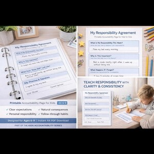 Könnte beinhalten: Druckbare Verantwortungsseiten für Kinder im Alter von 6-9 Jahren. Die Seiten enthalten Abschnitte für Verantwortungsvereinbarungen, mit Fragen wie "Was ist meine Verantwortung diese Woche?" und "Warum ist das wichtig?" zur Vermittlung von Verantwortung.