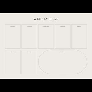 May include: A minimalist weekly planner with a neutral color palette. The layout includes sections for each day of the week, plus a notes section. The text "WEEKLY PLAN" is at the top.