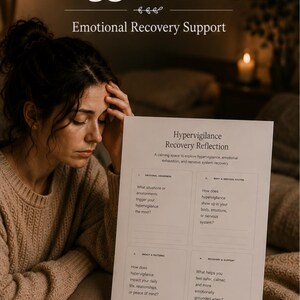 May include: A woman sits with a document titled "Hypervigilance Recovery Reflection." The document is on a table with a lit candle in a glass holder and a cup of coffee. Text at the top reads "Always Walking On Eggshells?" and "Emotional Recovery Support."