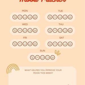 Könnte beinhalten: Ein wöchentlicher Stimmungstracker-Chart mit hellorangefarbenem Hintergrund. Das Diagramm enthält Bereiche zur Verfolgung der täglichen Stimmungen mit Emoji-Gesichtern. Der Text "Weekly Mood Tracker" steht oben. Unten ist ein Feld, um zu notieren, was die Stimmung verbessert hat.