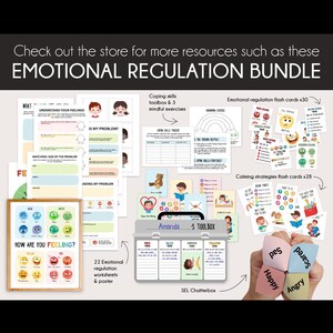 Può includere: Un "Pacchetto di Regolazione Emotiva" con fogli di lavoro, flashcard e una cassetta degli attrezzi. L'immagine include il testo "Come ti senti?" con varie faccine emoji e carte con le parole "Felice", "Triste", "Arrabbiato" e "Spaventato".