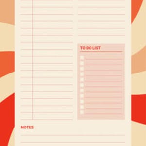 Könnte beinhalten: Ein Brain Dump Notizblock im Retro-Design. Der Notizblock hat Abschnitte für Zeit, Aufgabe/Aktivität, Datum, eine To-Do-Liste, Notizen und eine Tagesreflexion. Der Text ist fett, rot auf cremefarbenem Hintergrund mit orangefarbenen Akzenten.