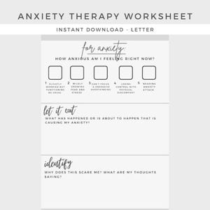 Könnte beinhalten: Arbeitsblatt zur Angsttherapie mit dem Titel "Anxiety Therapy Worksheet" und dem Text "Sofortiger Download - Letter". Das Arbeitsblatt enthält Abschnitte zur Bewertung des Angstniveaus, zur Identifizierung von Auslösern und zur Erforschung von Gedanken.