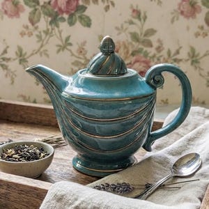 Vintage Art Deco Royal Sealy Aladdin Teapot Teal & Gold | 1950s Hollywood Regency Tea Pot