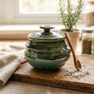 Vintage Signed Studio Pottery Lidded Jar | Green and Blue Glazed Stoneware | Sugar Bowl