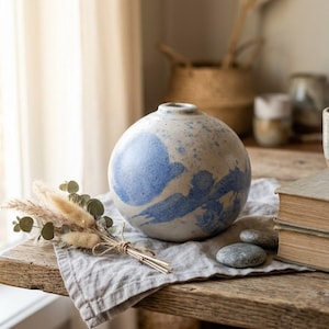 Vintage 1981 Studio Pottery Weed Pot | Speckled Blue & Cream Spherical Bud Vase | Signed