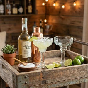 May include: A rustic wooden serving tray holds a bottle of tequila, a copper cocktail shaker, and two margarita glasses. One glass is filled with a margarita, garnished with a lime wedge. A small succulent plant in a terracotta pot is also on the tray.