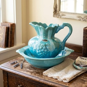 Vintage Dryden Arkansas Pottery Pitcher & Wash Basin Set | Bright Aqua Teal Drip Glaze | 1960's