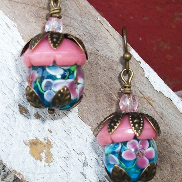 CLEARANCE!!!   Handmade GLASS Earrings OOAK " Acorns Revisited"  Bohemian Chic, Vintage Lampwork, Figural Acorns, Pink Blue Nature Woodland