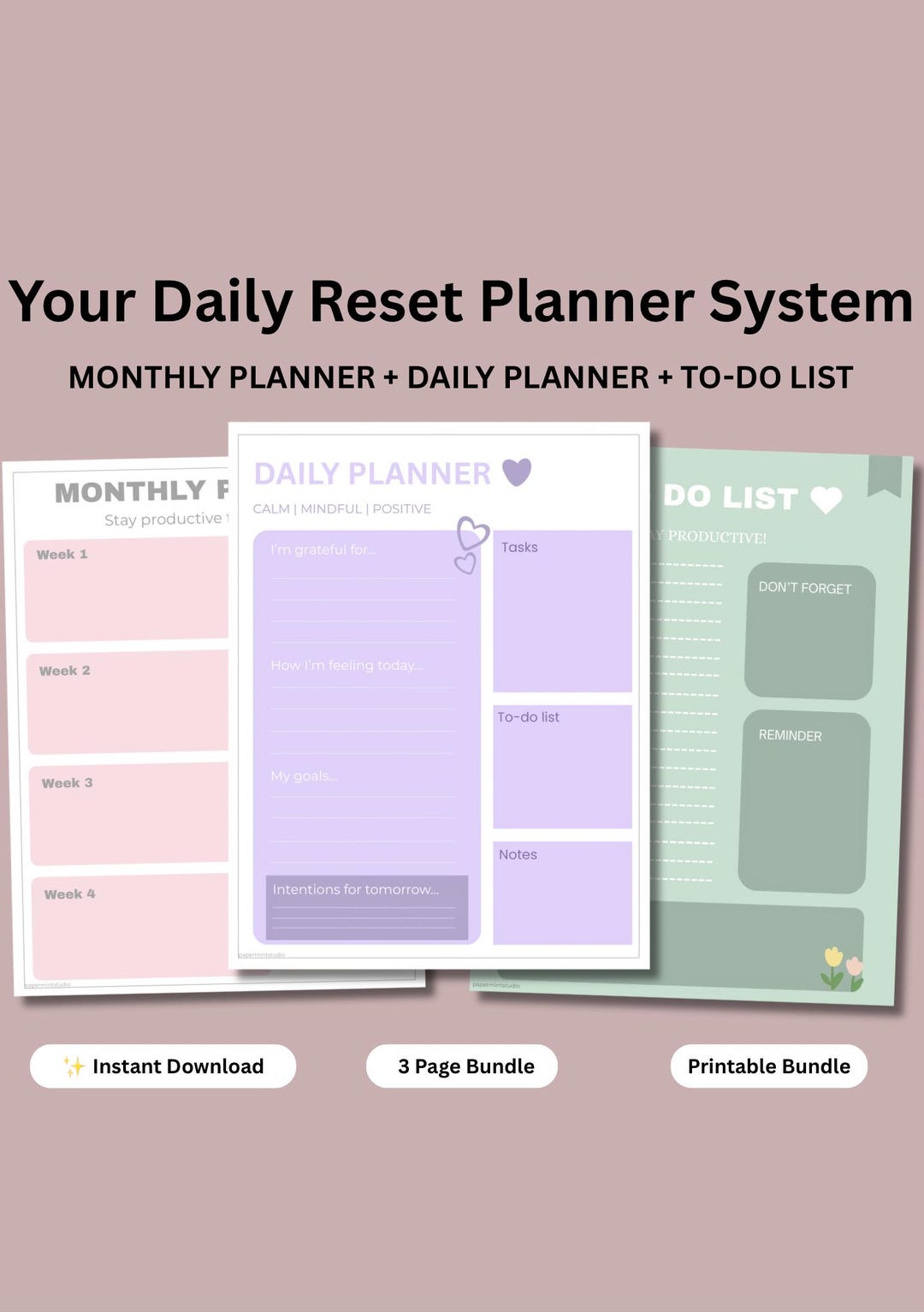 Daily Reset Planner Bundle Printable PDF Monthly Daily to Do List US ...