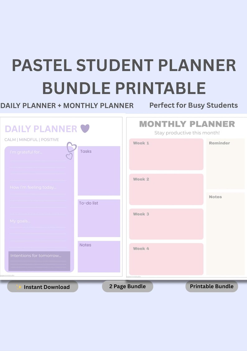 Pastel Student Planner Printable Bundle, Daily & Monthly Planner PDF ...