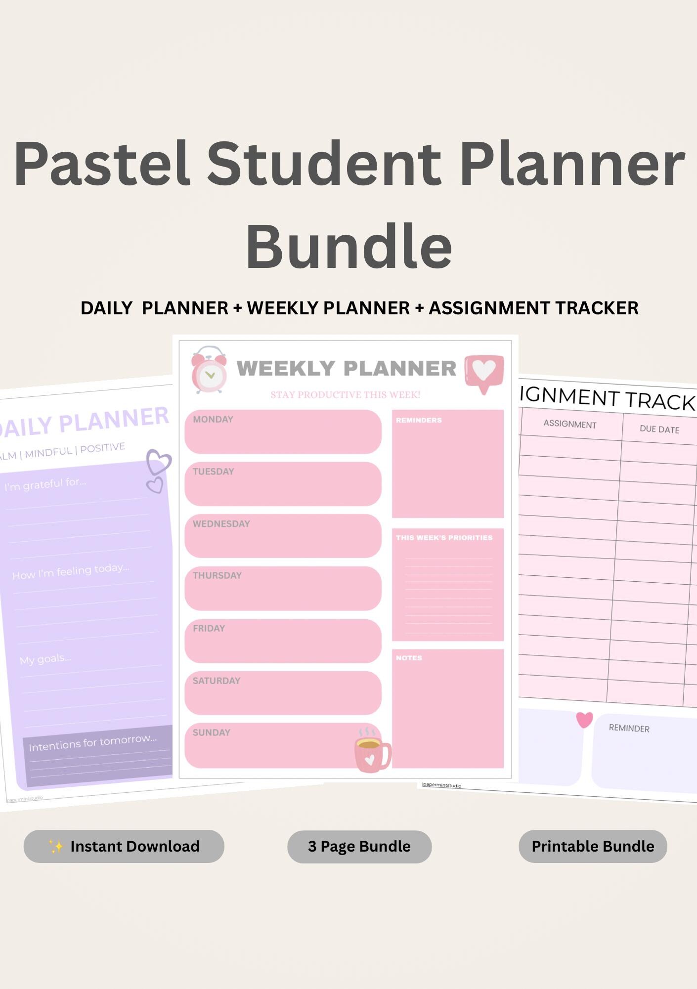 Pastel Student Planner Printable Bundle Daily Weekly Assignment Tracker ...