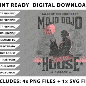 Puede incluir: Gráfico de descarga digital con una ilustración vintage de un vaquero a caballo, el texto dice "MOJO DOJO HOUSE" y "KENLAND". Incluye múltiples archivos PNG y un archivo SVG. Listo para imprimir.