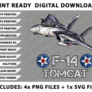 Może przedstawiać: Grafika do pobrania cyfrowego przedstawiająca ilustrację myśliwca F-14 Tomcat. Obraz zawiera tekst, taki jak "Print Ready Digital Downloads", "F-14 Tomcat" i różne opcje formatu plików. Odrzutowiec jest głównie srebrny i niebieski.