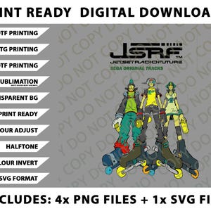 Op de afbeelding: Digitale download graphic met drie gestileerde personages op rolschaatsen, met de tekst "JSRF" en "SEGA ORIGINAL TRACKS". Inclusief opties voor DTF-, DTG-, UVDTF-printen, sublimatie en meer. Inclusief 4 PNG-bestanden en 1 SVG-bestand.