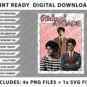Puede incluir: Gráfico de descarga digital con Richard Ayoade en varias poses, con el nombre en escritura rosa. Incluye 4 archivos PNG y 1 archivo SVG. La imagen también enumera opciones para impresión DTF, DTG y UVDTF.