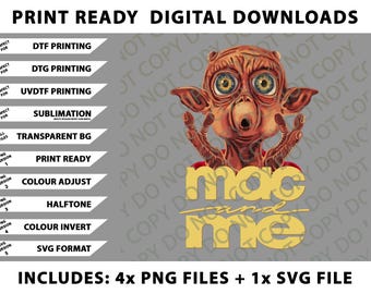 May include: Digital download featuring a detailed illustration of the character from "Mac and Me" with the film's title in gold lettering. Includes multiple PNG files and an SVG file, ready for print.