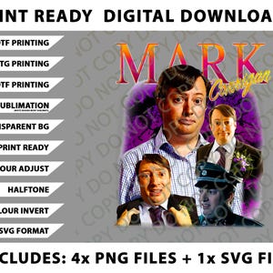 Peut inclure: Graphique de téléchargement numérique avec plusieurs images d'un homme, avec le nom "MARK" en lettres orange et rose. L'image comprend du texte tel que "PRINT READY DIGITAL DOWNLOADS" et "INCLUDES: 4x PNG FILES + 1x SVG FILE".