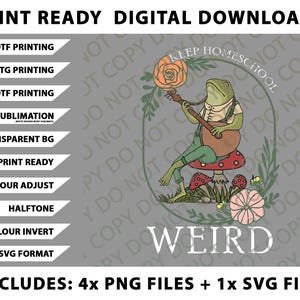 May include: Digital download graphic featuring a whimsical frog playing a lute, seated on a mushroom, with the word "WEIRD" below. Includes PNG and SVG files for DTF, DTG, UVDTF printing, and sublimation.
