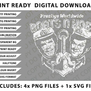 May include: Digital download graphic with the text "Boats N Hoes" and two cartoon faces wearing captain hats. The image includes the text "Print Ready Digital Downloads" and options for DTF, DTG, UVDTF printing, sublimation, and SVG format.