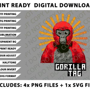 Puede incluir: Gráfico de descarga digital con un gorila rojo con casco y diseño de rayos de sol. El texto "Gorilla Tag" se muestra en una fuente pixelada. Incluye archivos PNG y SVG para impresión DTF, DTG, UVDTF y sublimación.