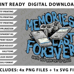May include: Digital download graphic featuring a blue and black design with the words "Memories Last Forever" and a game controller and two handheld gaming devices. Includes 4 PNG files and 1 SVG file.