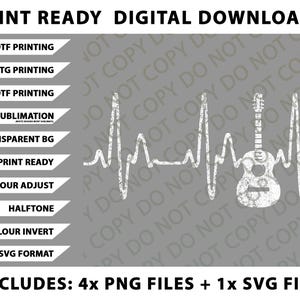 Puede incluir: Gráfico de descarga digital con una guitarra blanca dentro de una línea de latido cardíaco sobre un fondo gris. Incluye formatos de archivo PNG y SVG. El texto en la parte superior dice "Descargas digitales listas para imprimir".