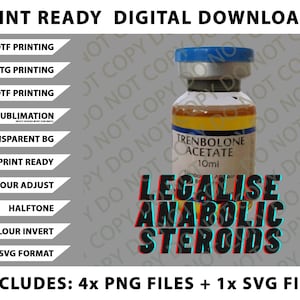 Puede incluir: Gráfico de descarga digital con un vial etiquetado "Trenbolone Acetate 10ml" con el texto "Legalise Anabolic Steroids". Incluye 4 archivos PNG y 1 archivo SVG. El diseño está listo para imprimir.