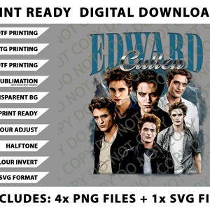 Puede incluir: Descarga digital con un collage de imágenes de Edward Cullen, con el nombre en verde azulado. Incluye 4 archivos PNG y 1 archivo SVG. Perfecto para impresión DTF, DTG, UVDTF y sublimación.