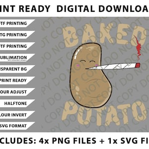 May include: Digital download graphic featuring a cartoon baked potato with a lit cigarette, the word "BAKED POTATO", and text indicating print-ready files. Includes 4 PNG files and 1 SVG file.