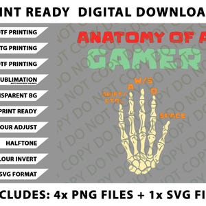 Puede incluir: Gráfico de descarga digital con el texto "Anatomía de un Gamer" en rojo y verde, con una mano esquelética con teclas de teclado. Incluye archivos PNG y SVG para impresión DTF, DTG, UVDTF y sublimación.