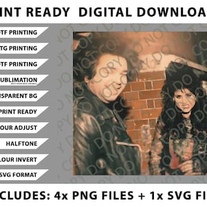 Könnte beinhalten: Digitaler Download-Grafik mit einem Sepia-Ton-Bild von zwei Personen. Der Text oben lautet "DRUCKFERTIGE DIGITALE DOWNLOADS". Enthält Optionen für DTF-, DTG-, UVDTF-Druck, Sublimation und mehr. Enthält 4 PNG-Dateien und 1 SVG-Datei.