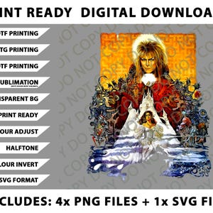 May include: Digital download graphic featuring a fantasy illustration with a central figure and supporting characters. The image includes text indicating print-ready options and file formats, including PNG and SVG.