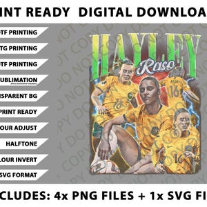 Pode incluir: Gráfico digital para download com uma imagem estilizada de uma jogadora de futebol com uma camisa amarela com o nome "Hayley Raso". Inclui arquivos PNG e SVG para impressão.