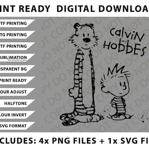 Puede incluir: Descarga digital con una ilustración en blanco y negro de Calvin y Hobbes. La imagen incluye el texto "Calvin and Hobbes" y varias opciones de archivos listos para imprimir, incluyendo formatos PNG y SVG.