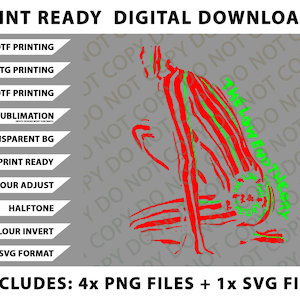 Puede incluir: Gráfico de descarga digital con una ilustración roja y verde de una persona sentada. La imagen incluye texto como "Descargas digitales listas para imprimir" y opciones para impresión DTF, DTG y UVDTF. Incluye 4 archivos PNG y 1 archivo SVG.